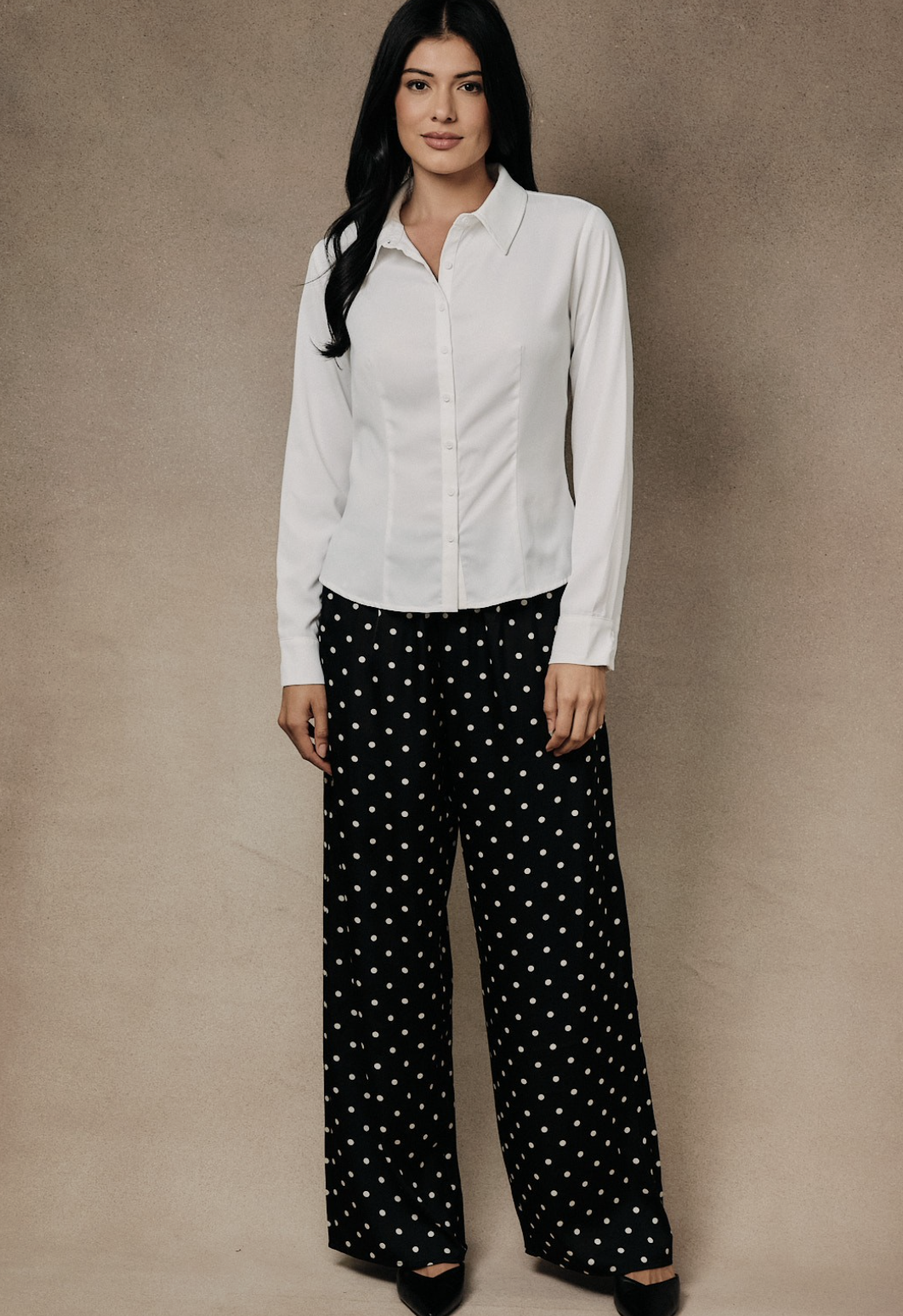 unday Edition black satin with white polka dot wide‑leg pants with pull‑on waistband.