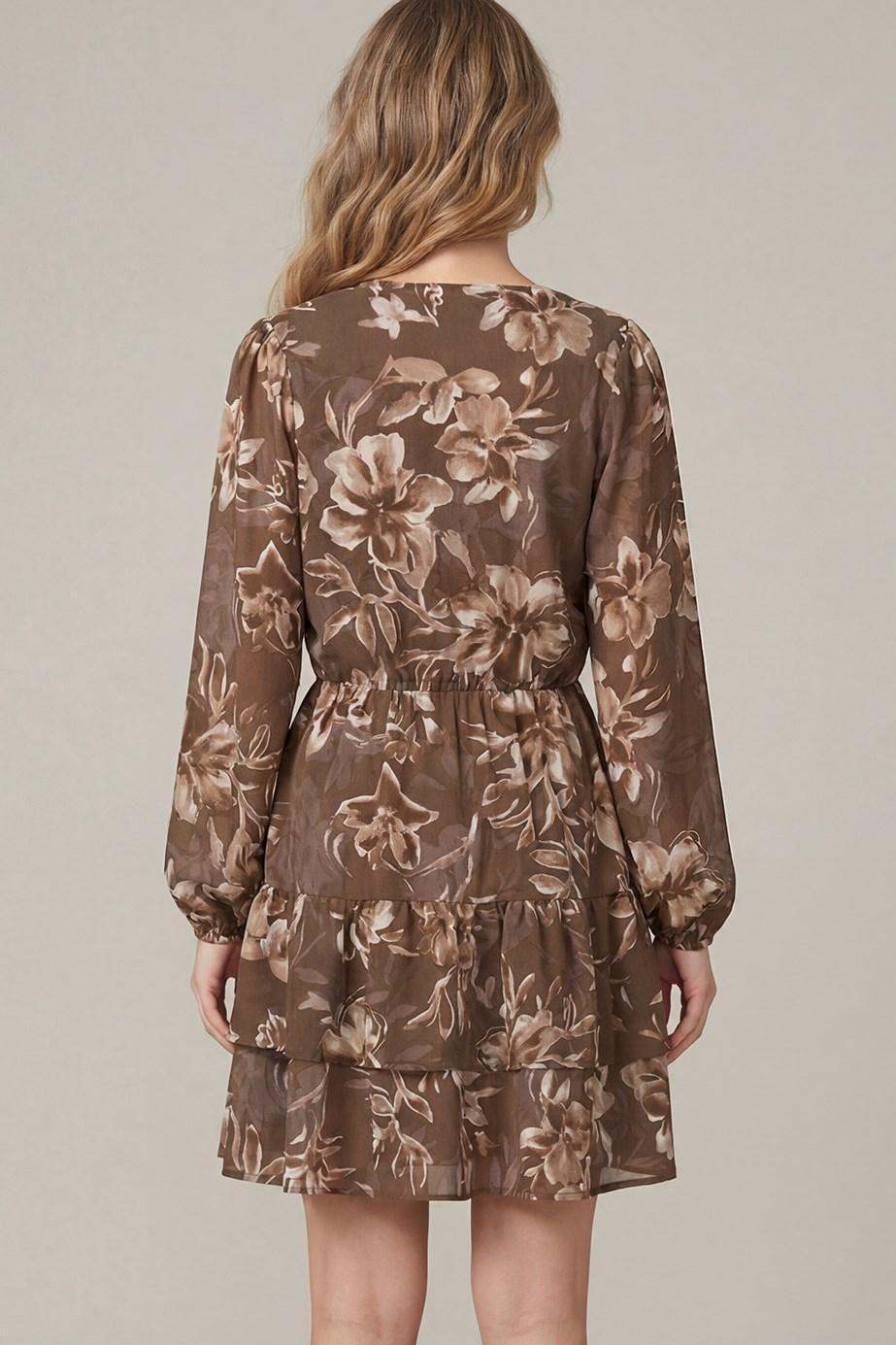 Long Sleeve Woven Print Mini Tiered Dress