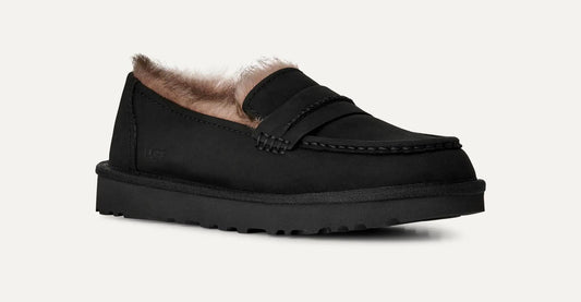A black UGG Ellis Nubuck slip-on loafer-style shoe with a soft brown shearling or faux-fur lining visible at the opening, shown on a clean off-white background.