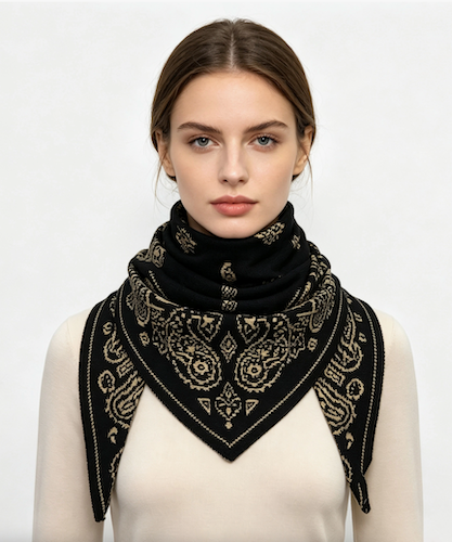 A woman wearing a black bandana-style neck scarf with beige paisley and ornamental patterns, styled over a cream-colored top against a plain light gray background.