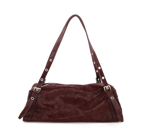 A BC Bags dark brown suede shoulder bag with silver-tone metal hardware and adjustable straps, shown against a plain white background.