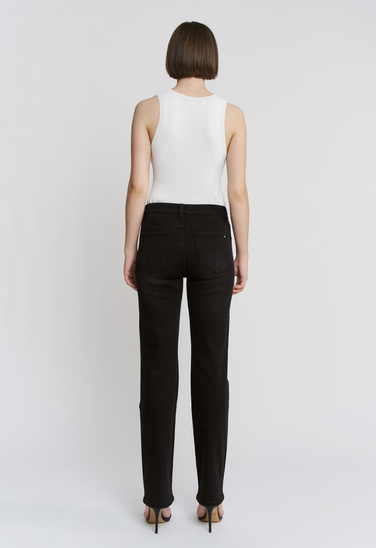 Black high‑rise pearl‑embellished jeans with soft‑stretch denim and slim leg.