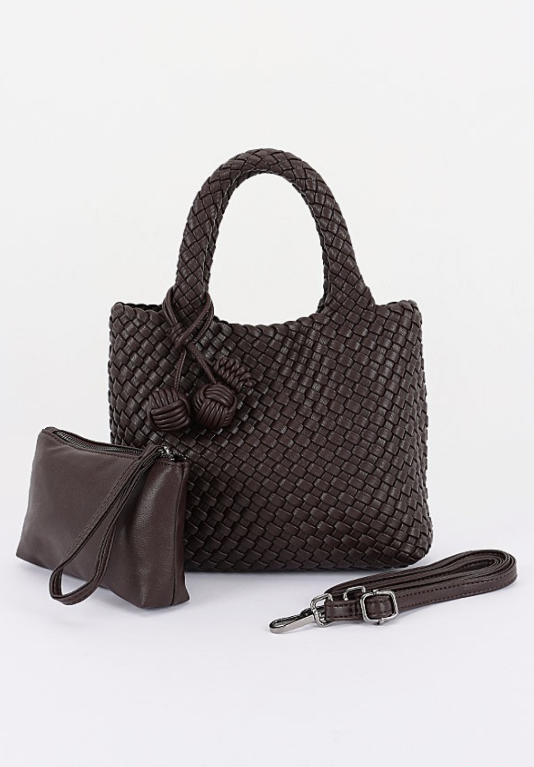 A dark brown woven leather handbag with dual top handles, a matching small zip pouch, and a detachable shoulder strap, displayed on a clean white background.