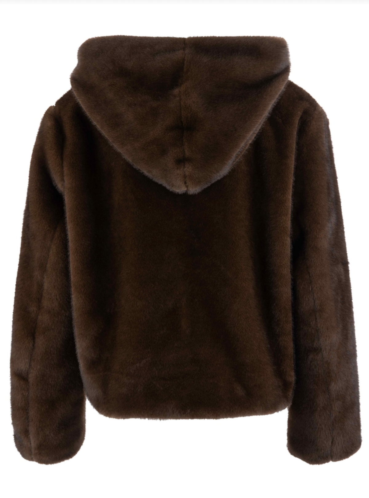 A Kut dark brown faux fur hooded jacket shown from the back, featuring a plush texture and a high padded hood, set against a plain white background.