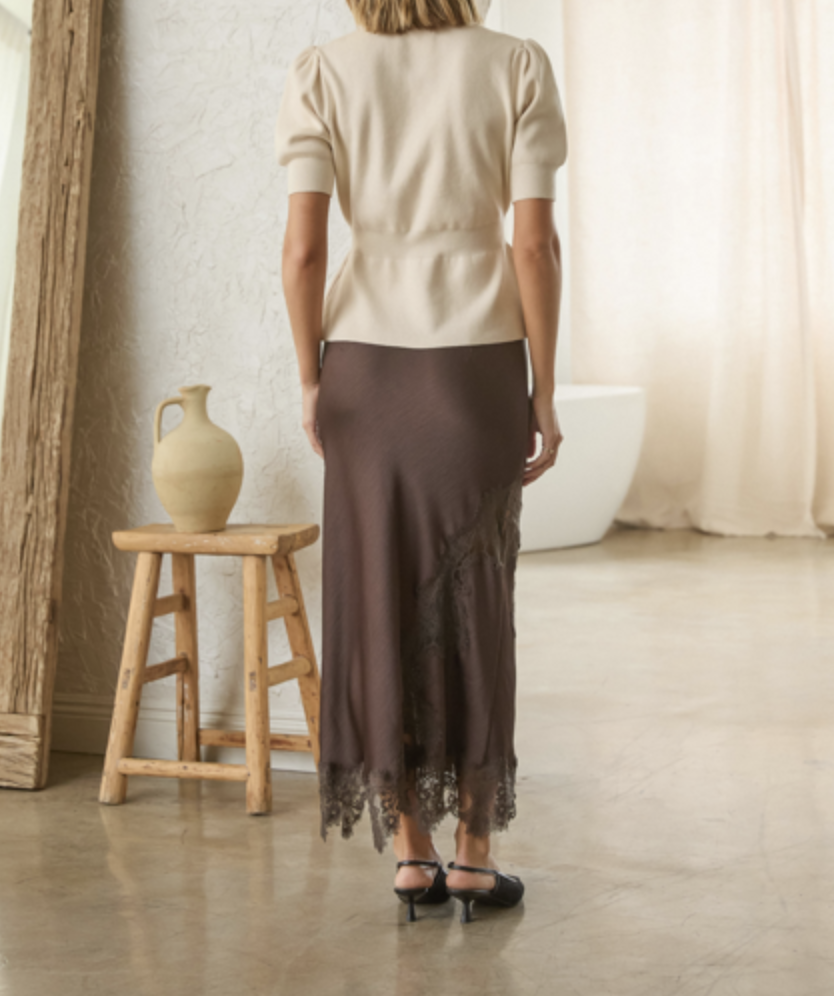 Skies Are Blue brown satin midi skirt with lace trim and asymmetrical hemline.