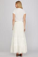 She + Sky woven maxi skirt in off white with tiered lace trim and soft flowing silhouette.