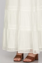 She + Sky woven maxi skirt in off white with tiered lace trim and soft flowing silhouette.