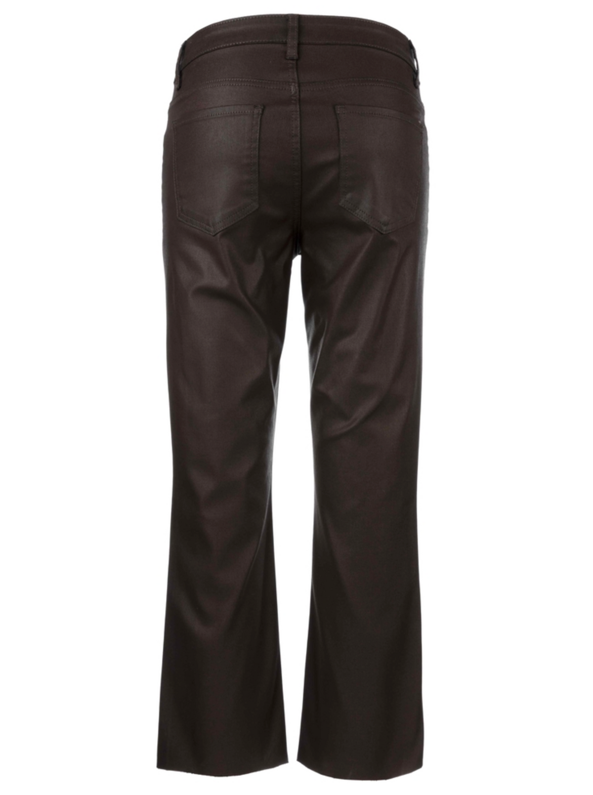 Kut Kelsey dark brown faux leather flare pants shown from the back, featuring a wide waistband and a straight-to-flared leg, on a solid white background.