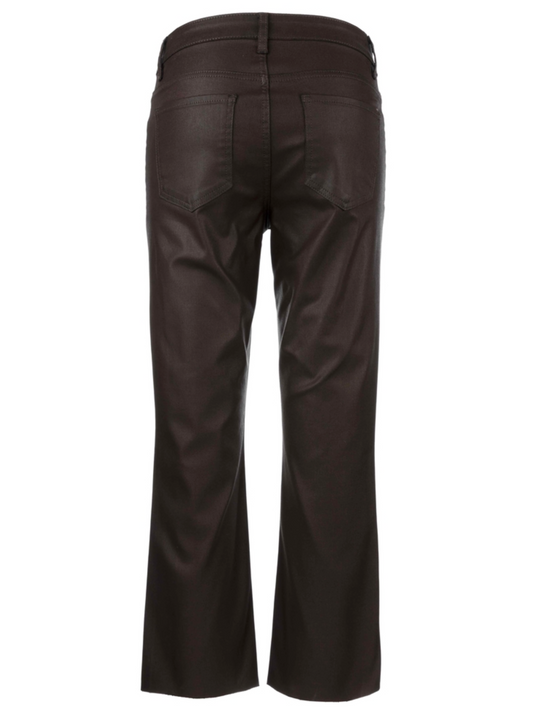 Kut Kelsey dark brown faux leather flare pants shown from the back, featuring a wide waistband and a straight-to-flared leg, on a solid white background.
