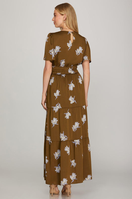 Floral Satin Print Tiered Maxi Dress
