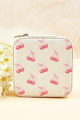 Swan Mädchen pink fruit‑print travel jewelry case with structured body and zip‑top closure.
