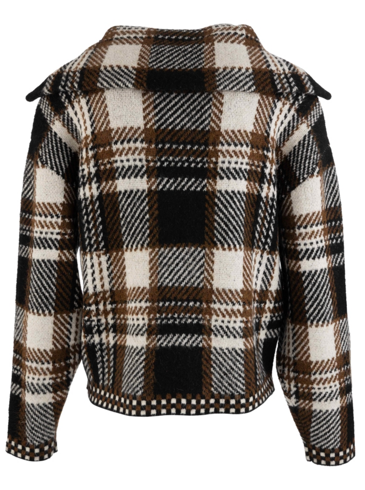 A Kut Rue cropped plaid jacket with shoulder epaulets, shown from the back. The fabric features a textured woven pattern in brown, black, and cream, with a checkered trim along the hem and cuffs.