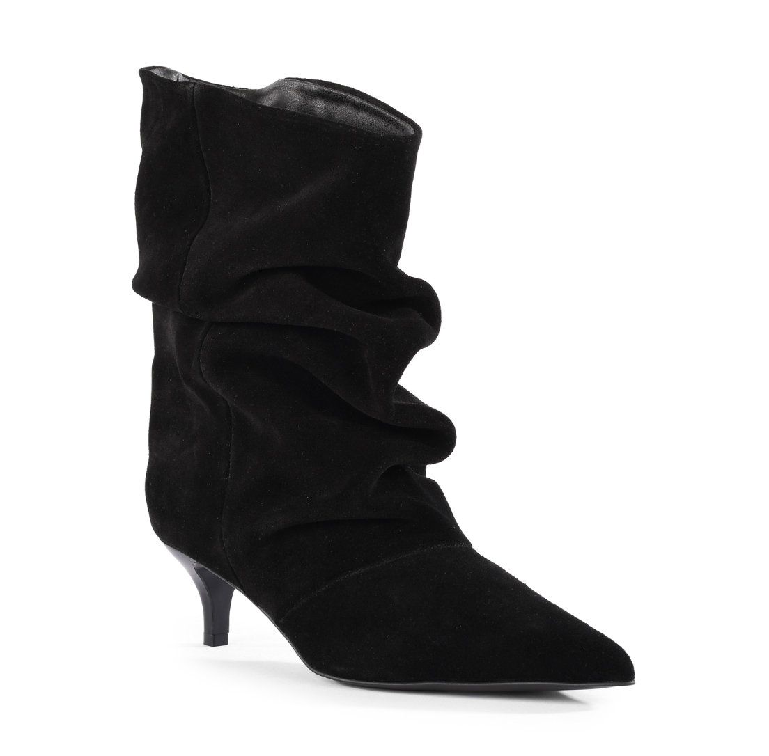 A single Seychelles One Love black suede ankle boot with a pointed toe and a short kitten heel, shown from a side profile on a clean white background.