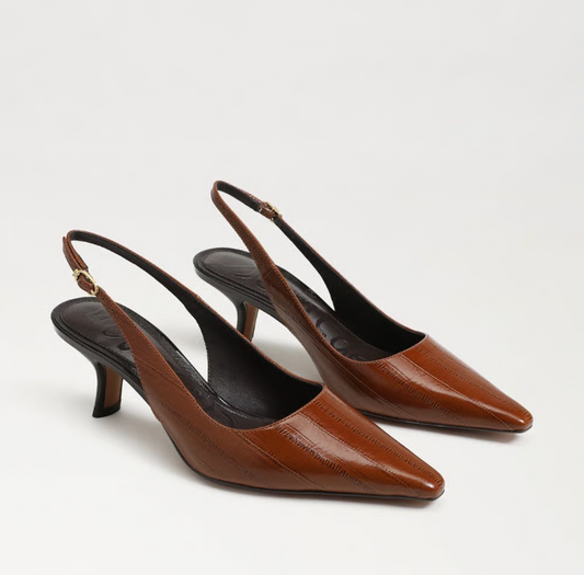Sam Edelman Bianka Slingback Pump in brown with pointed toe and block heel.