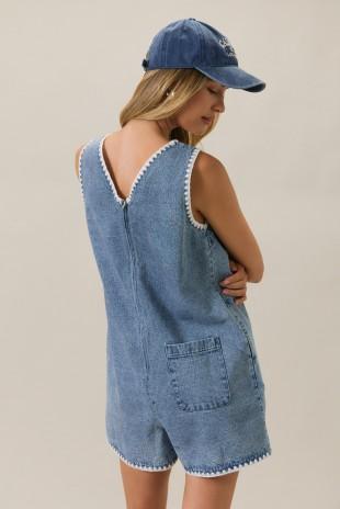 Sleeveless Stitch Detail Denim Romper