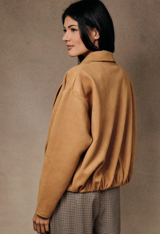 Sunday Edition tan faux‑suede jacket with flapped neckline and modern tailored silhouette.