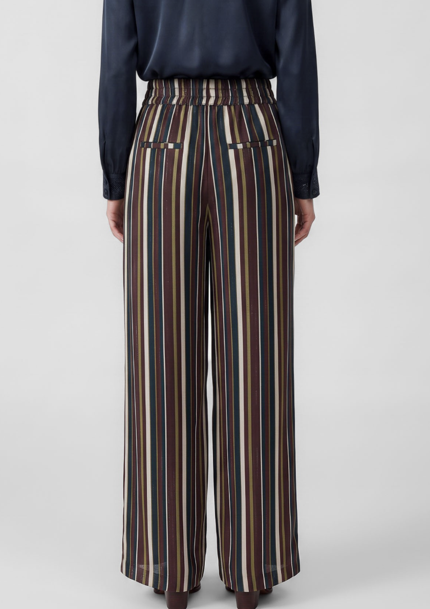 A person shown from the back wearing high-waisted wide-leg trousers with vertical stripes in brown, beige, cream, and burgundy, paired with a dark navy blouse, against a light gray studio background.
