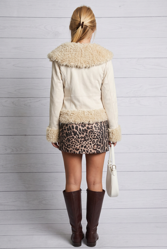 A woman shown from the back wearing a cream faux-fur trimmed jacket with a leopard-print mini skirt, holding a cream handbag against a gray-white background.