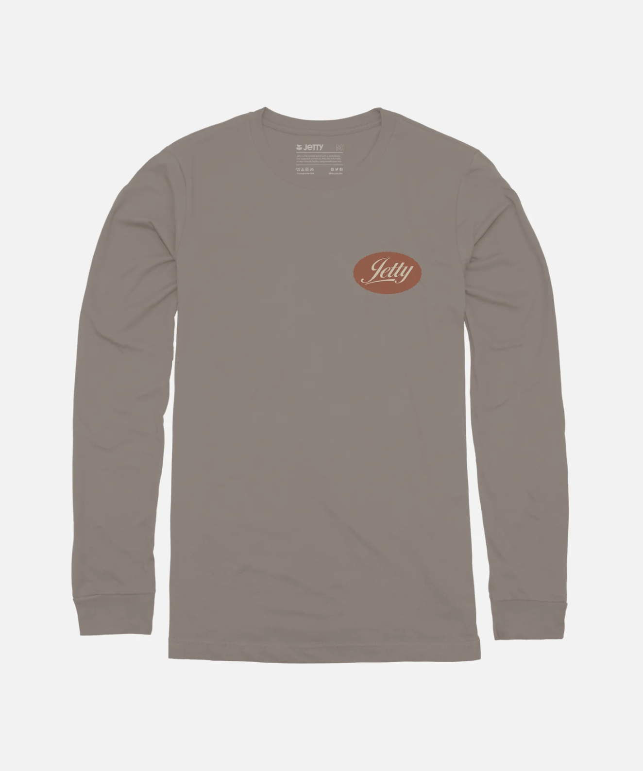 A long-sleeve crewneck t-shirt in a muted taupe-brown color, featuring the red and white 'Jetty' logo on the left chest, displayed on a clean light gray background.
