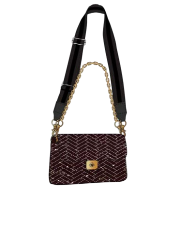 A Think Royln burgundy chevron-patterned shoulder bag with a black strap, gold chain detail, and a gold turn-lock closure, shown against a plain white background.