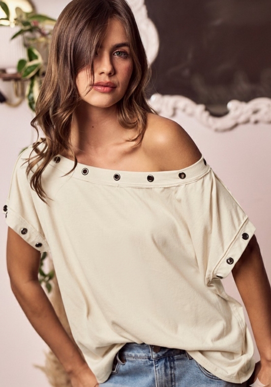 Metal Trim Eyelet Top