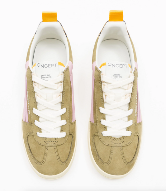 A pair of low-top Oncept sneakers shown from a top-down view on a white background. The shoes feature an olive green suede upper, white laces, a white midsole, and light pink side panels with yellow accents.