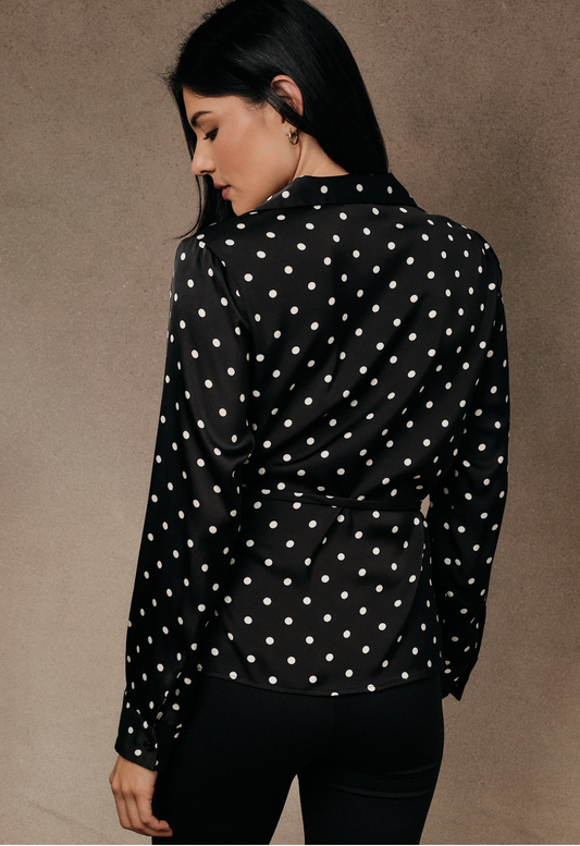 Sunday Edition black and white polka dot wrap blouse with lightweight woven fabric and feminine silhouette.