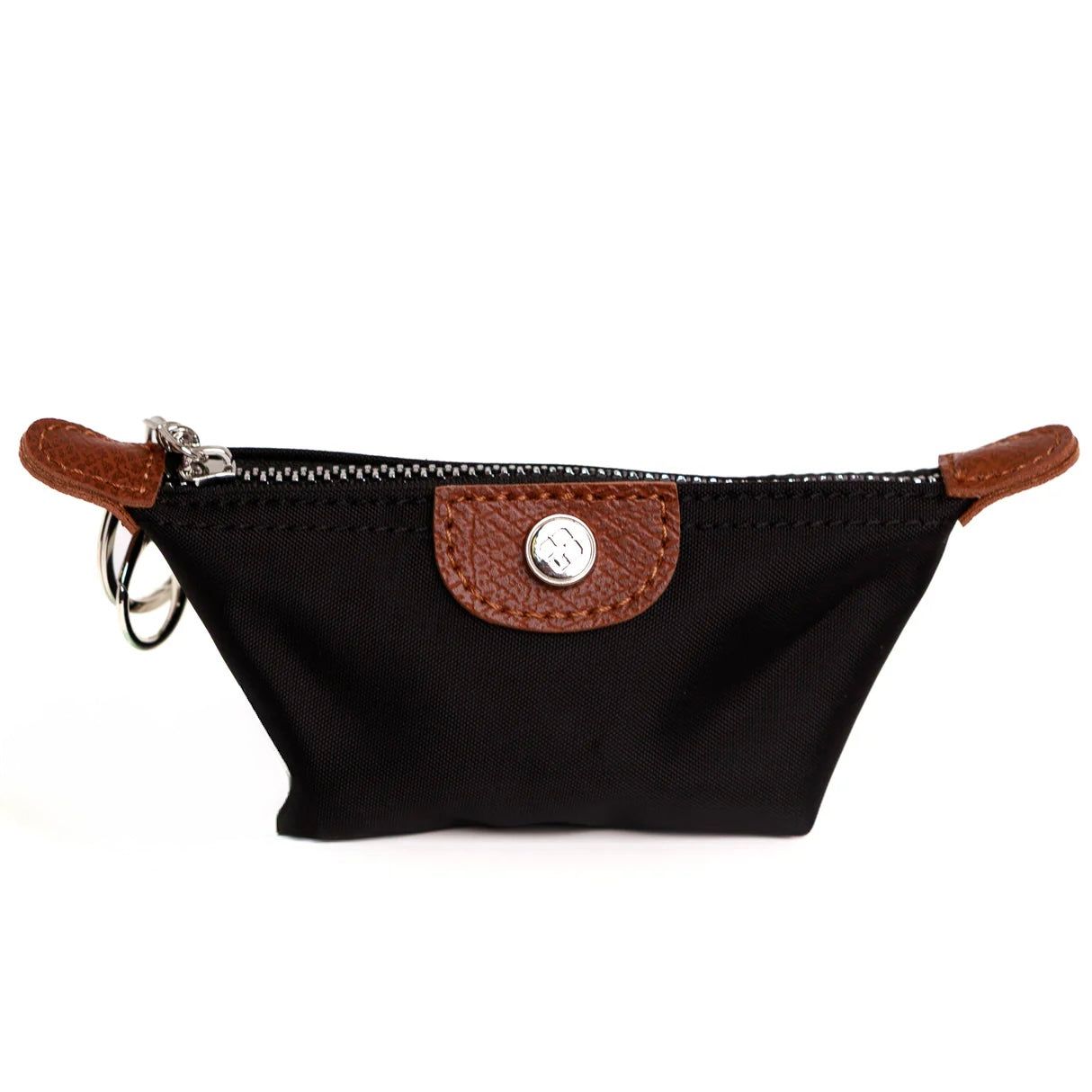 Nylon keychain with woven strap and metal clip for attaching to bags or keys.