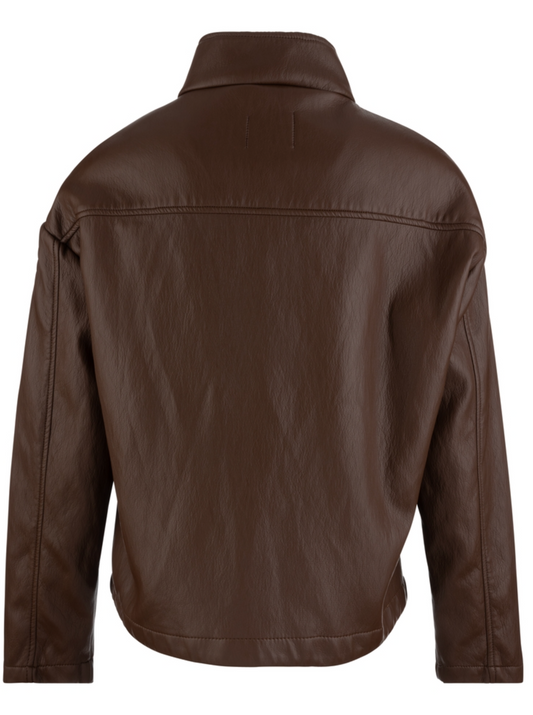 A Kut Wren dark brown faux leather jacket shown from the back, featuring a high collar and long sleeves, photographed against a solid white background.