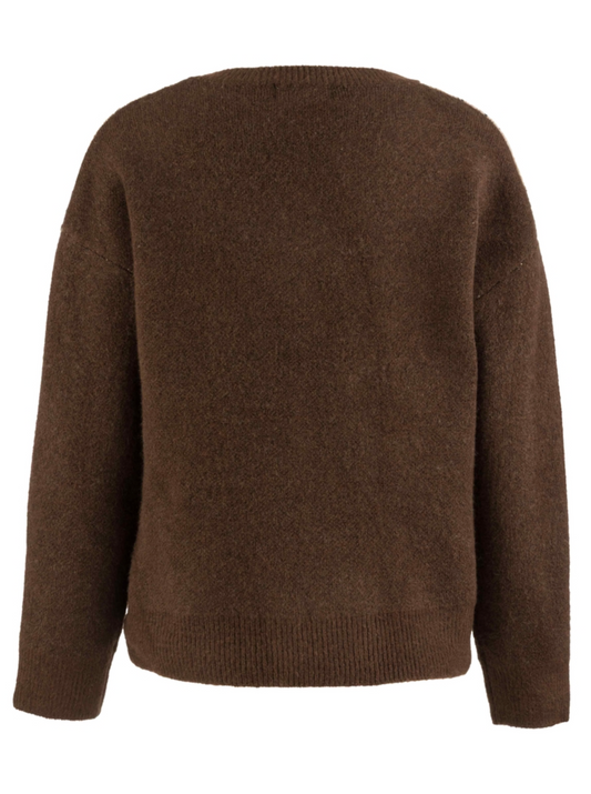 A Kut brown knit sweater shown from the back, featuring a crew neck, long sleeves, and ribbed hem and cuffs, photographed against a solid white background.