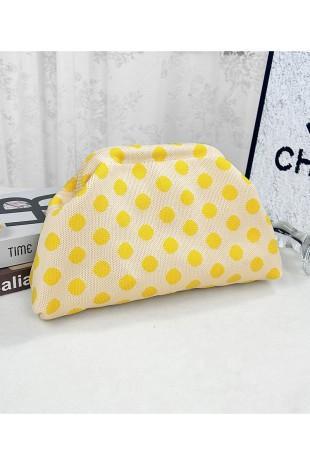 Swan Mädchen polka‑dot clutch cosmetic bag in yellow and white with structured body and zip‑top closure.
