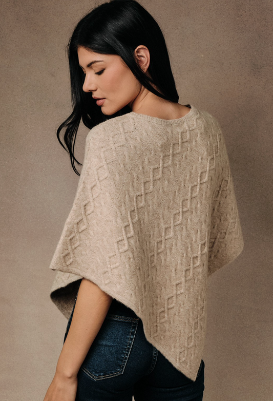 A woman wearing a beige textured knit poncho sweater and dark blue jeans, photographed from a side-back angle against a neutral textured studio background.