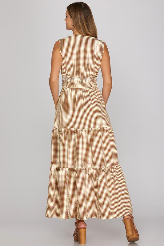 Sleeveless Woven Gingham Tiered Maxi Dress