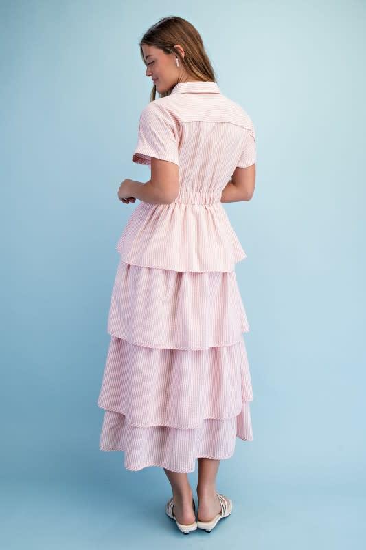 Striped Tiered Half Button Midi Dress
