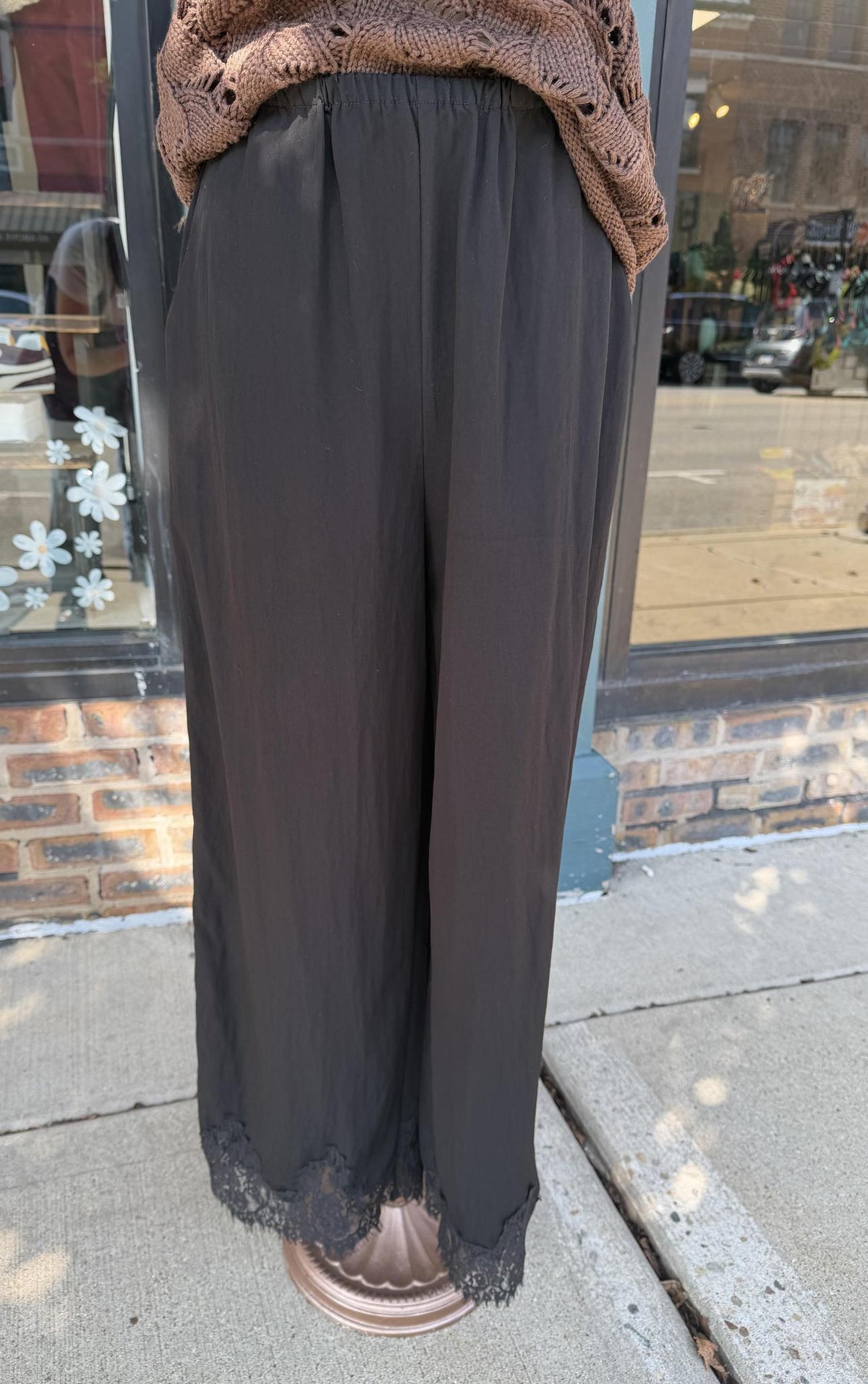 Elastic Waist Pant with Lace Trim