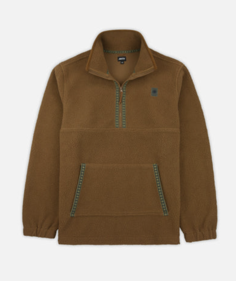 A brown Jetty Port Hi Pile Fleece with ½‑zip front, hi‑pile texture, and elastic hem on a white background.