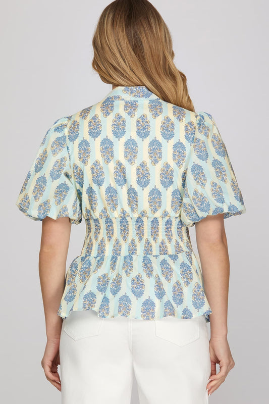 She + Sky Puff Sleeve Woven Print Top ST1553