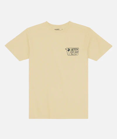 Jetty Dive Bar Tee in apricot with coastal graphic design and relaxed everyday fit.
