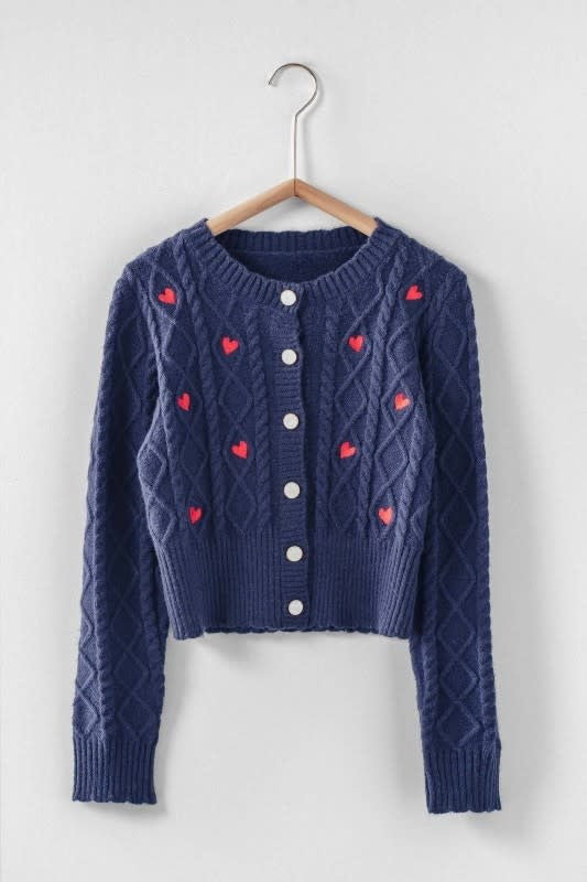 Trend Notes Embroidered Heart Cable Knit Cardigan