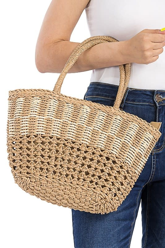 Cap Zone Fishnet Woven Straw Basket Tote Bag