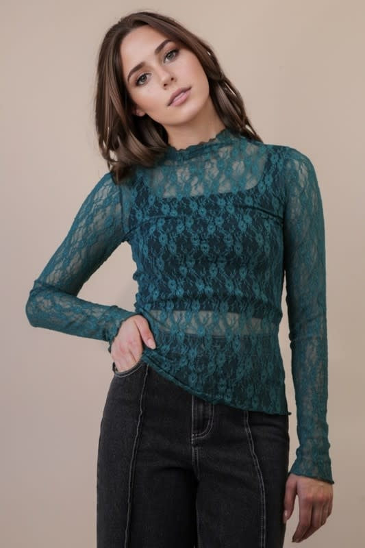 Very J High Neck Fitted Sheer Mesh Lace Knit Top