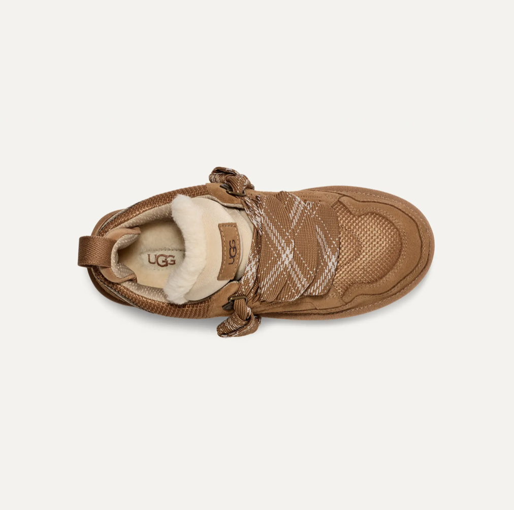 Women’s UGG Lowmel shoe in chestnut suede with mesh panels and a lightweight SugarSole EVA outsole.