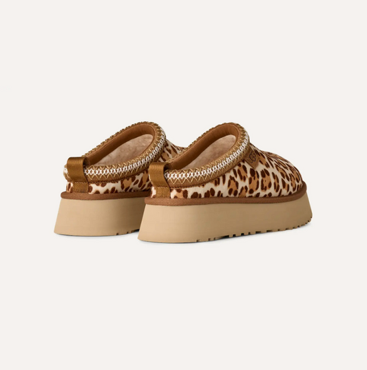 Women’s UGG Tazz Plains slipper in leopard‑print suede with plush UGGplush lining and a lightweight platform sole.