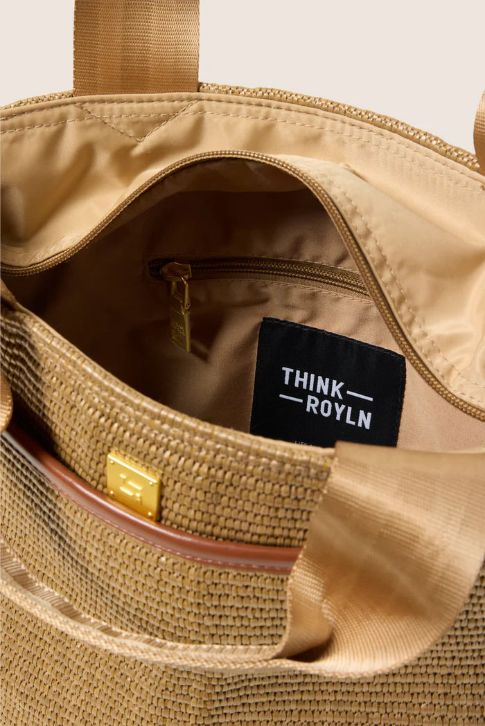 Think Royln Escape Tote in raffia‑look material with quilted sporty straps