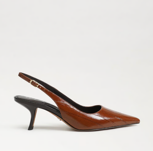 Sam Edelman Bianka Slingback Pump in brown with pointed toe and block heel.