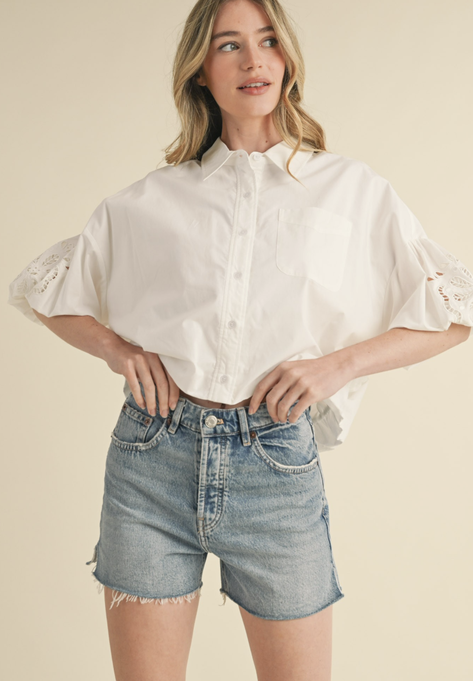 Embroidered Bubble Sleeve Top