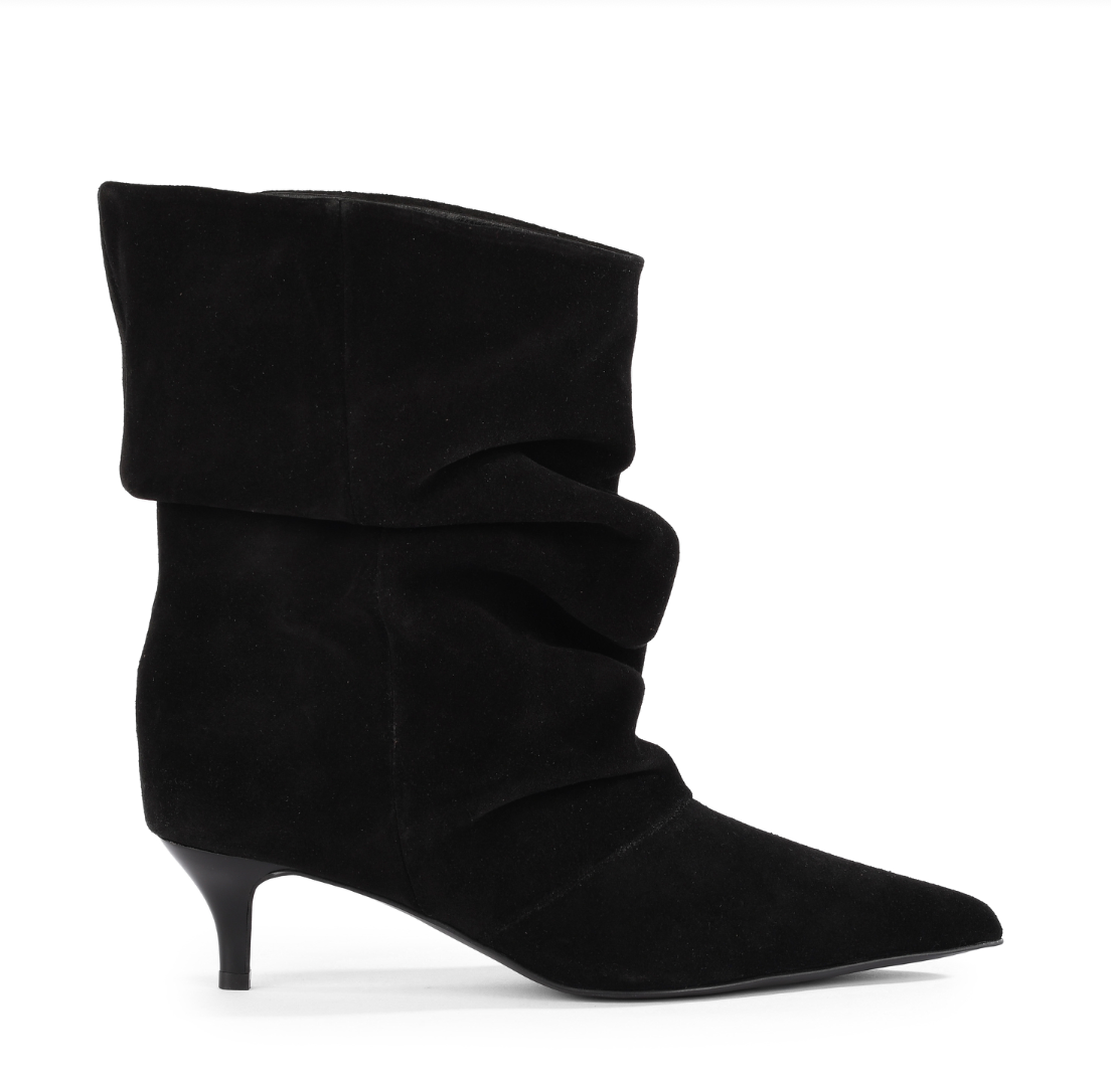 A single Seychelles One Love black suede ankle boot with a pointed toe and a short kitten heel, shown in profile against a plain white background.