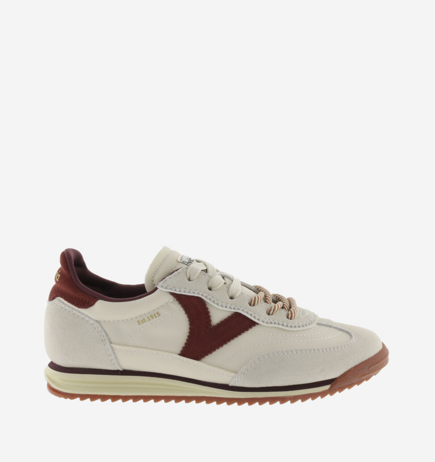 Victoria Saturno Sneaker in cream with nylon‑suede upper and retro runner silhouette.