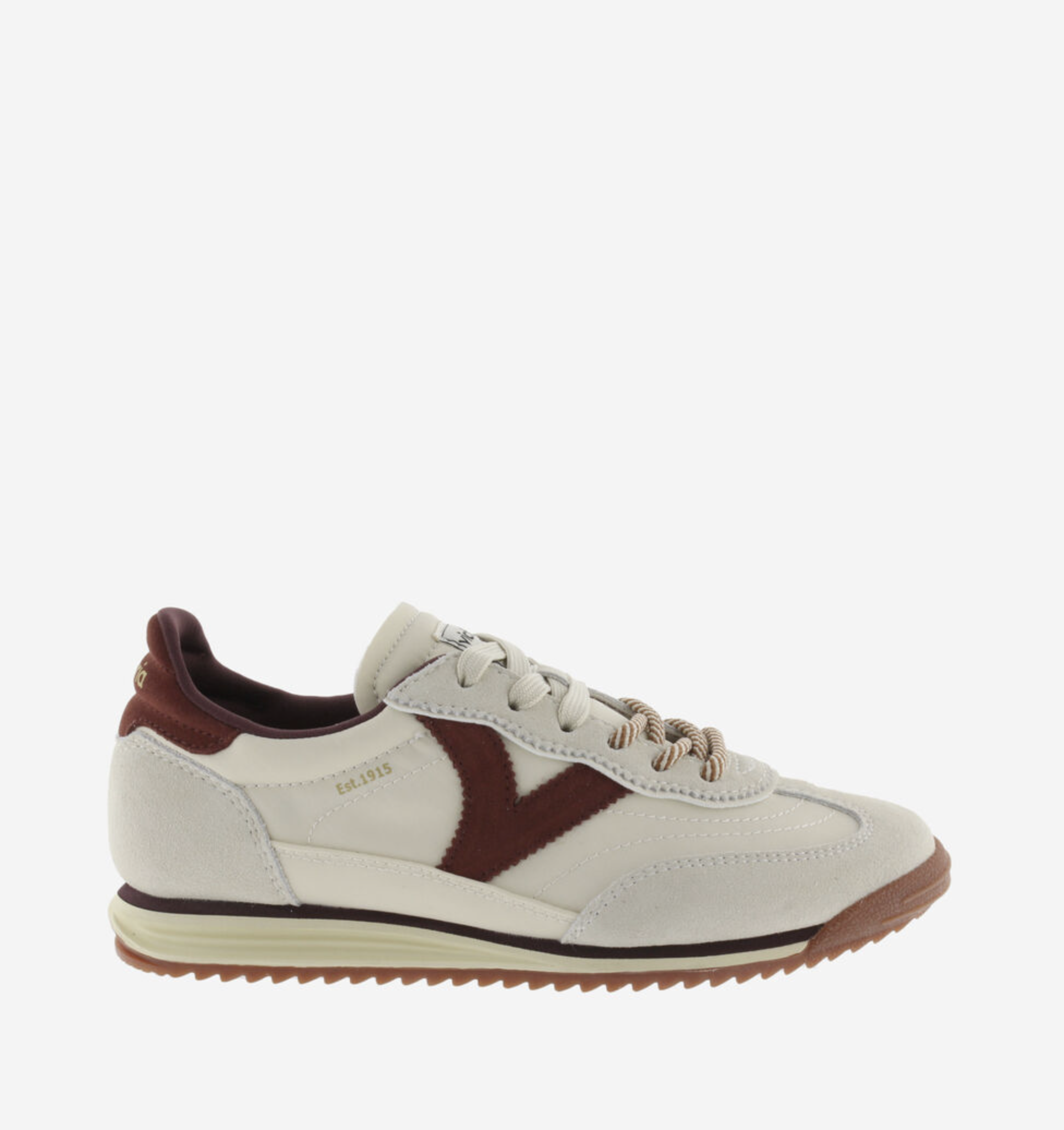 Victoria Saturno Sneaker in cream with nylon‑suede upper and retro runner silhouette.