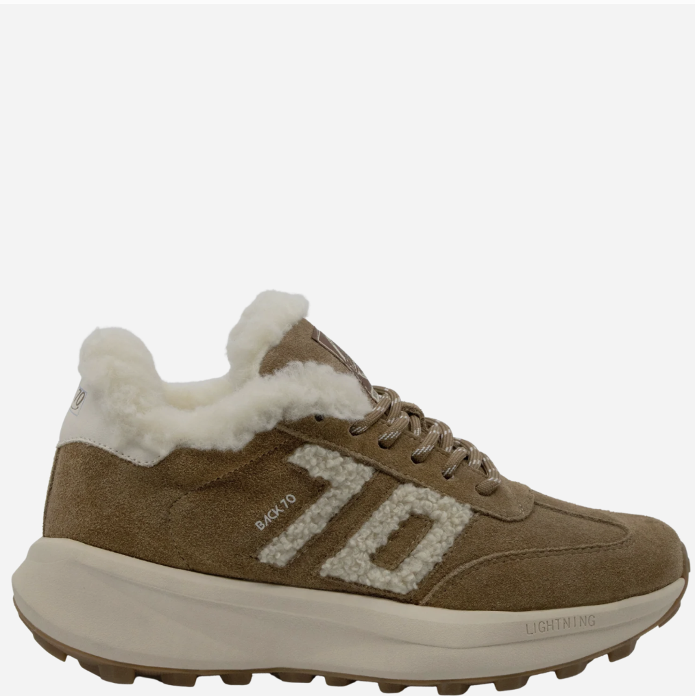 A brown suede and shearling-lined Back 70 sneaker with a chunky off-white sole, featuring a large textured '70' logo on the side and 'Lightning' text on the midsole.